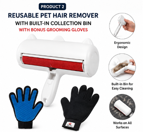 Novira™ Pet Hair Removal Set – Hair Collector with Container + Grooming Glove